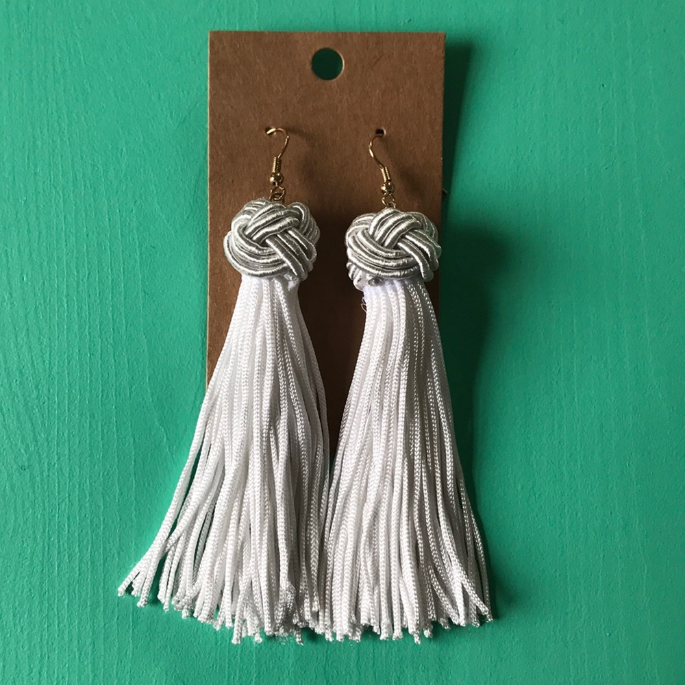 Earrings - white tassel chandelier with gold hooks